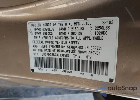 2003 Honda Cr-V Ex from USA, damaged, VIN SHSRD78823U131587